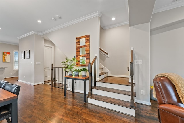 stairway featuring wood-type flooring and ornamental molding