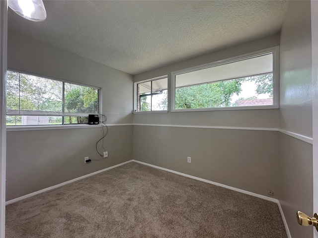 unfurnished room with a textured ceiling, a healthy amount of sunlight, and carpet floors