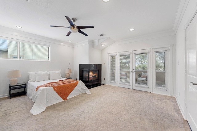 bedroom with ceiling fan, ornamental molding, light carpet, and access to outside