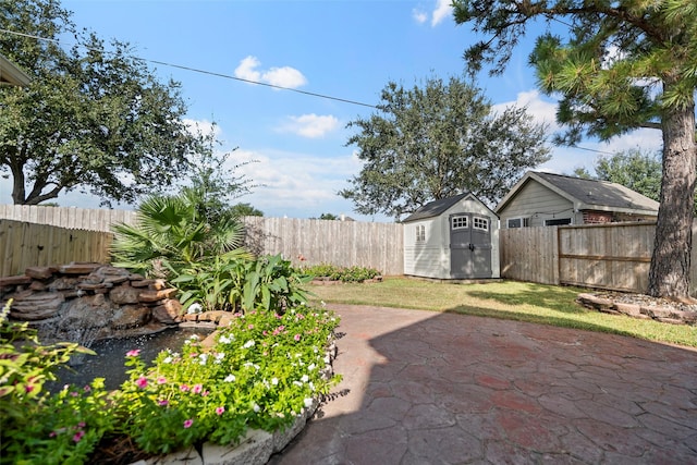 view of yard with a patio area and a storage shed