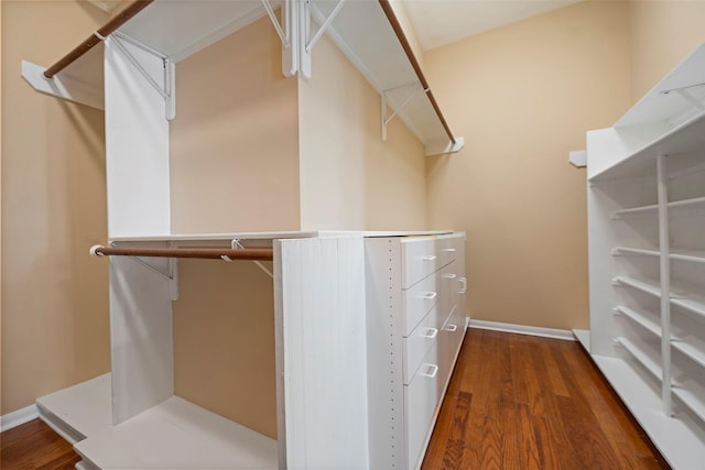 spacious closet with dark hardwood / wood-style flooring