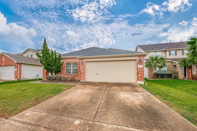 single story home featuring a garage and a front yard