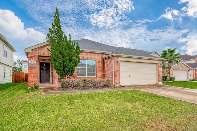 ranch-style home with a garage and a front lawn