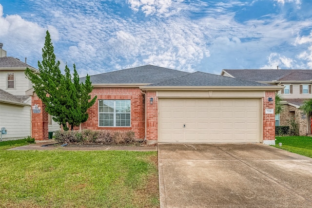 single story home with a garage and a front yard