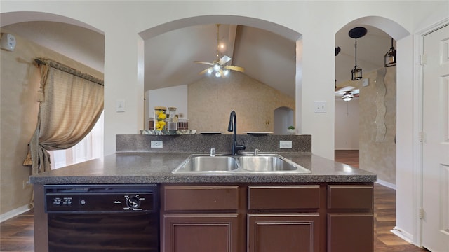 kitchen featuring vaulted ceiling with beams, ceiling fan, sink, black dishwasher, and dark hardwood / wood-style floors