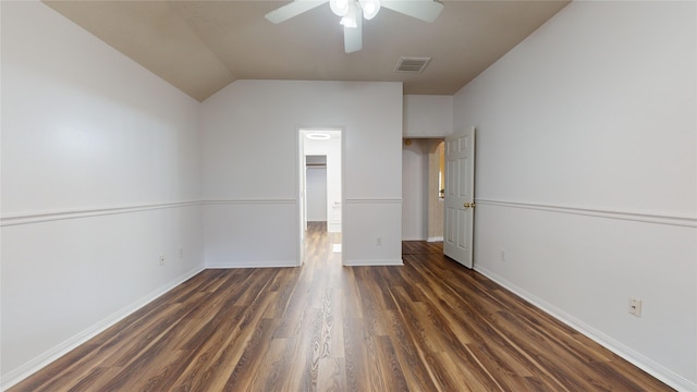 unfurnished bedroom featuring a closet, ceiling fan, dark hardwood / wood-style flooring, and lofted ceiling