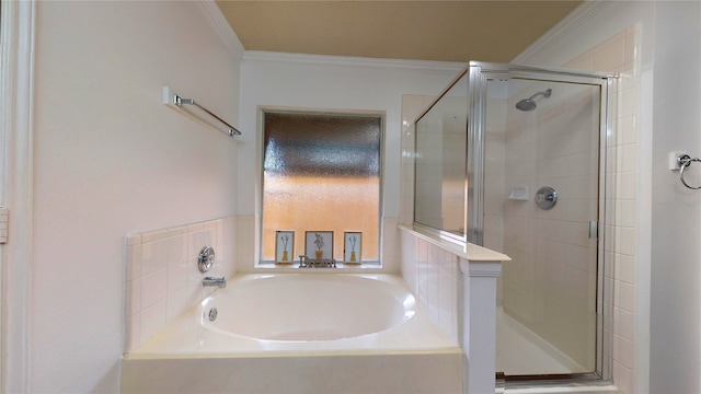 bathroom featuring plus walk in shower and ornamental molding