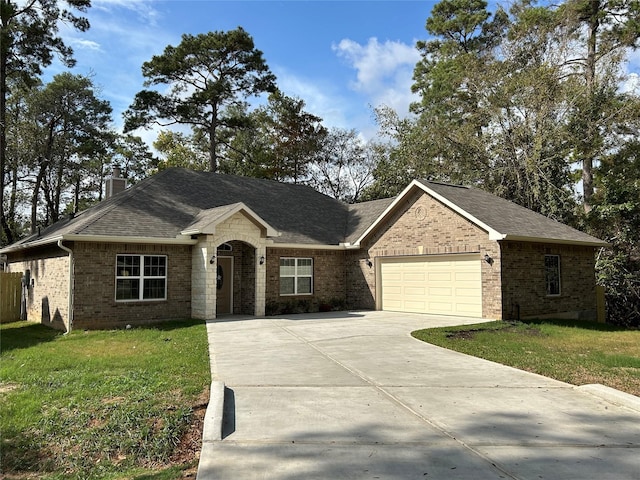 single story home featuring a garage, brick siding, concrete driveway, and a front yard