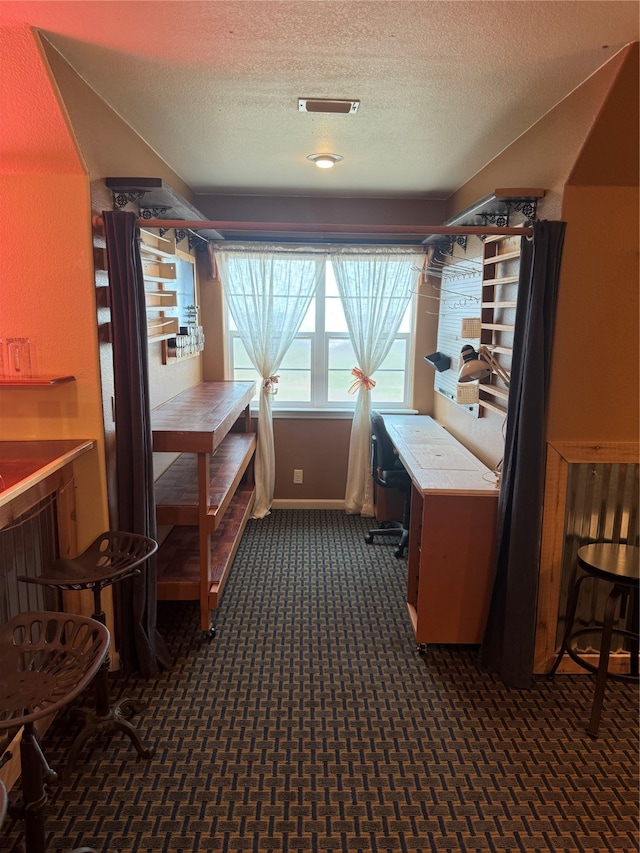 interior space featuring dark colored carpet and a textured ceiling