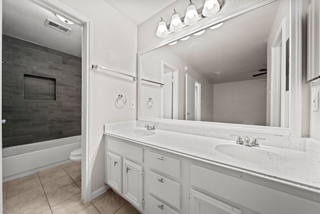 full bathroom featuring vanity, tile patterned flooring, toilet, tiled shower / bath, and ceiling fan