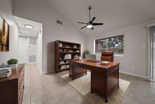 office space featuring high vaulted ceiling, light tile patterned floors, and ceiling fan