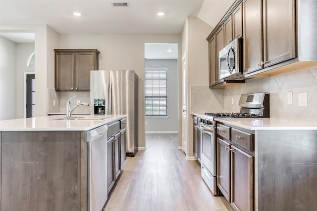 kitchen with light hardwood / wood-style floors, sink, appliances with stainless steel finishes, tasteful backsplash, and an island with sink