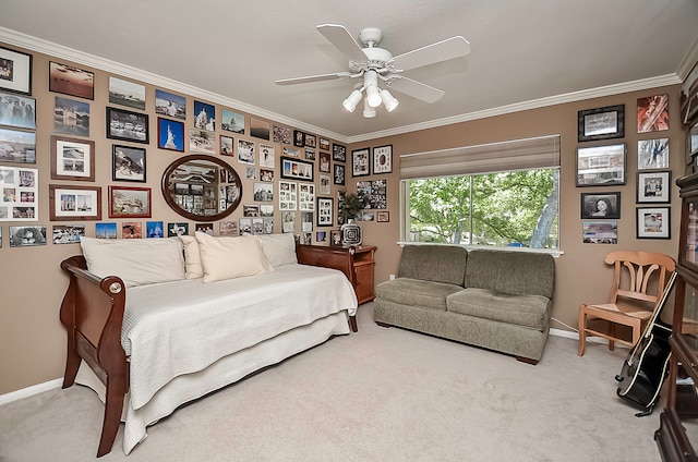 carpeted living room with ceiling fan and crown molding