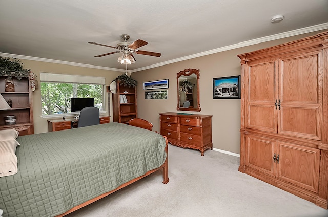 bedroom with ceiling fan, light carpet, and ornamental molding