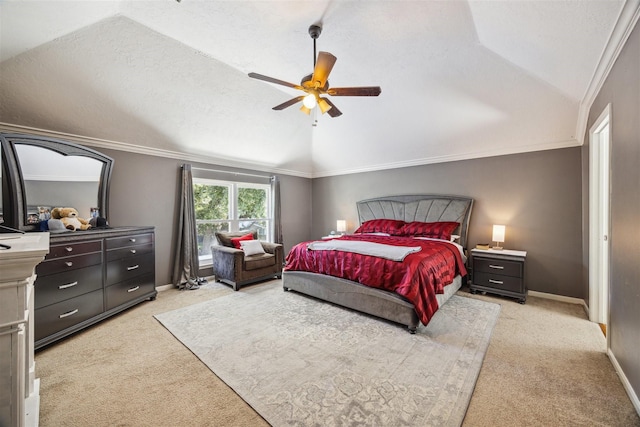 carpeted bedroom with ceiling fan, ornamental molding, a textured ceiling, and vaulted ceiling