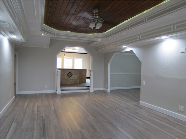 interior space featuring ceiling fan, wooden ceiling, and wood-type flooring