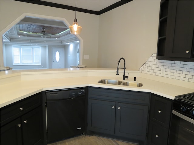 kitchen featuring black appliances, crown molding, decorative backsplash, sink, and light hardwood / wood-style floors