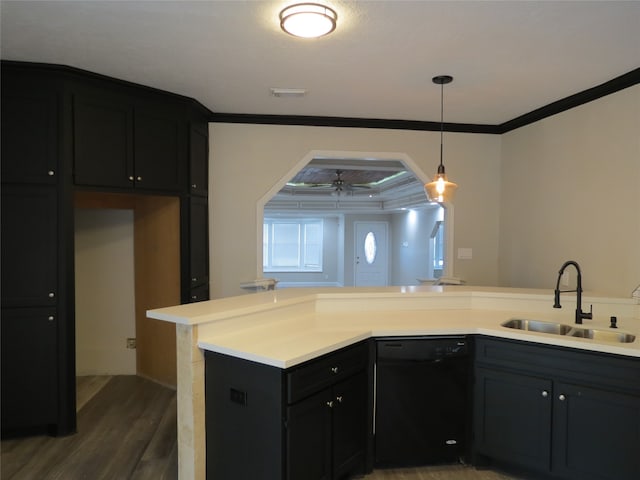 kitchen featuring dark wood-type flooring, dishwasher, sink, ceiling fan, and crown molding