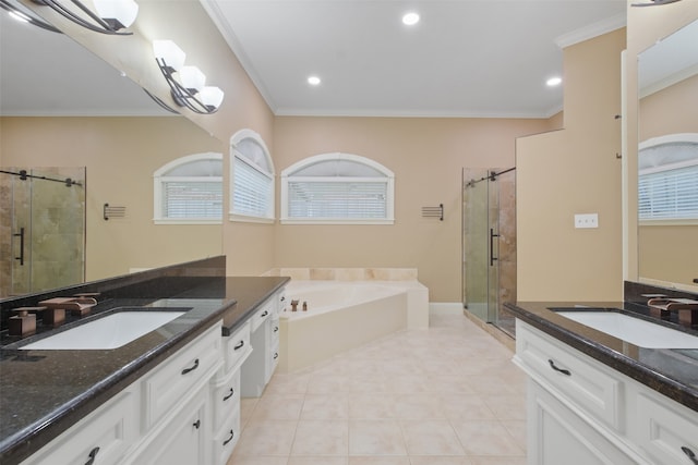 bathroom featuring vanity, separate shower and tub, and ornamental molding