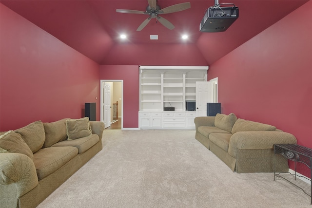 living room with light carpet, ceiling fan, and vaulted ceiling