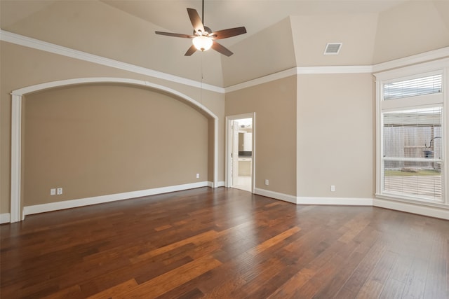 unfurnished room featuring ornamental molding, high vaulted ceiling, dark wood-type flooring, and ceiling fan