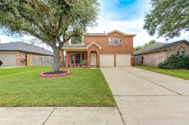 view of property featuring a front lawn and a garage