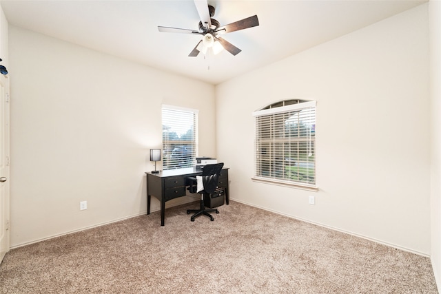 office with ceiling fan and light colored carpet