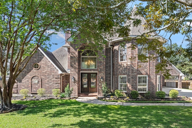 view of front of house featuring french doors and a front lawn