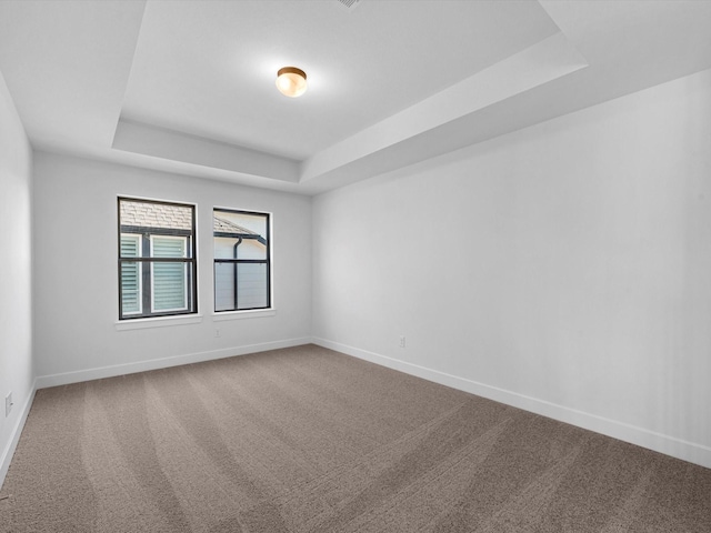 unfurnished room with a raised ceiling and carpet floors