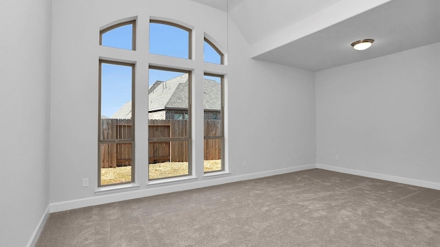 empty room featuring carpet and lofted ceiling