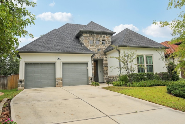 view of front of house featuring a front lawn and a garage