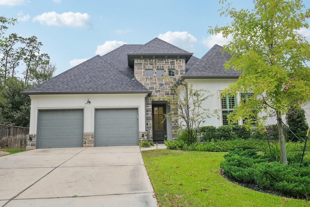 view of front of home with a front lawn and a garage