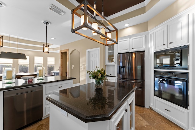 kitchen featuring black appliances, ornamental molding, a kitchen island, white cabinetry, and pendant lighting