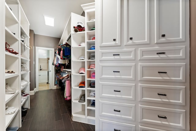 walk in closet with dark hardwood / wood-style flooring