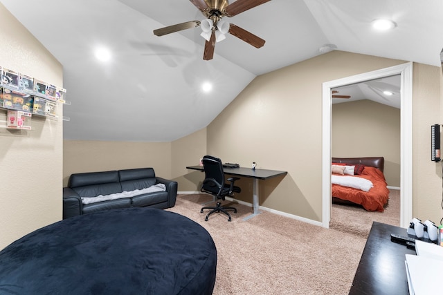 bedroom with vaulted ceiling, light carpet, and ceiling fan