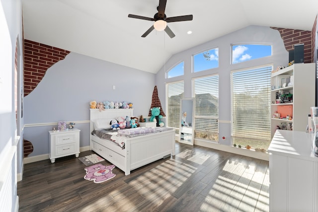 bedroom with vaulted ceiling, ceiling fan, and dark hardwood / wood-style floors