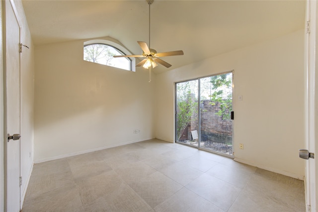 spare room with lofted ceiling and ceiling fan