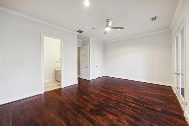 unfurnished bedroom with crown molding, hardwood / wood-style floors, ensuite bathroom, and ceiling fan