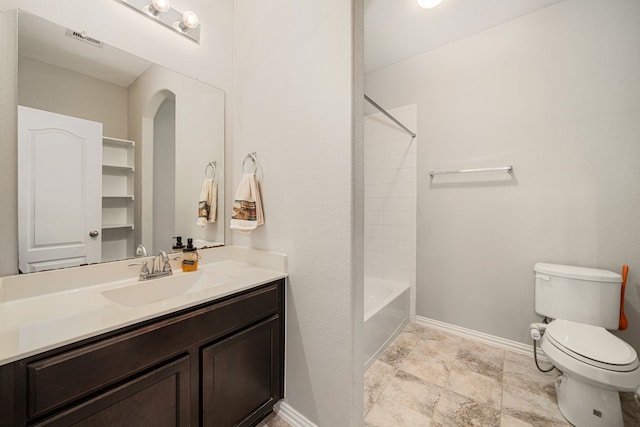 full bathroom with vanity, shower / bath combination, and toilet