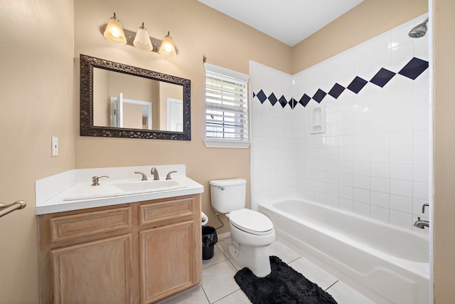 full bathroom with toilet, vanity, tiled shower / bath combo, and tile patterned floors