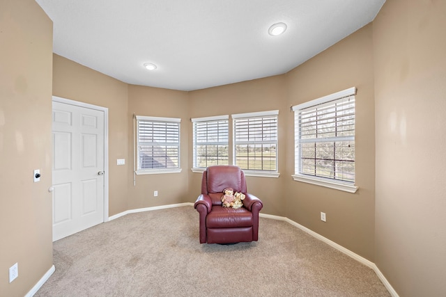 sitting room featuring light carpet