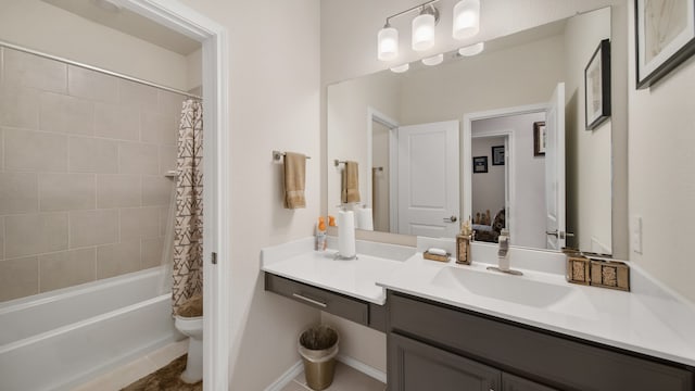 full bathroom featuring tile patterned flooring, vanity, shower / bathtub combination with curtain, and toilet