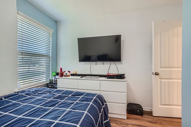 bedroom with wood-type flooring and multiple windows