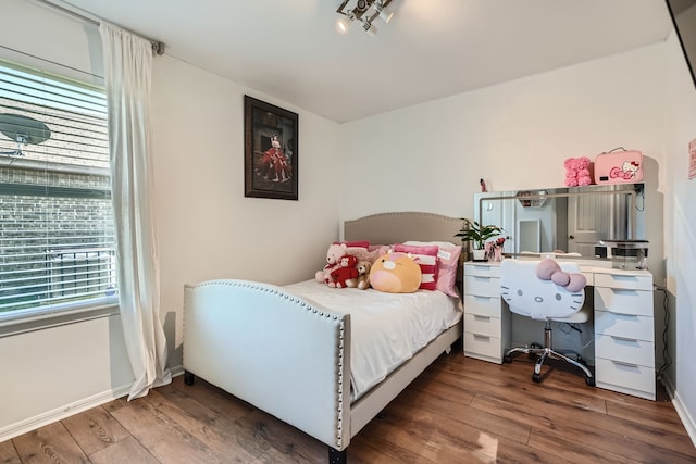 bedroom with multiple windows and dark hardwood / wood-style floors