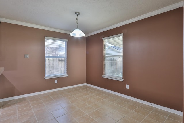 unfurnished room featuring baseboards, a textured ceiling, light tile patterned flooring, and crown molding