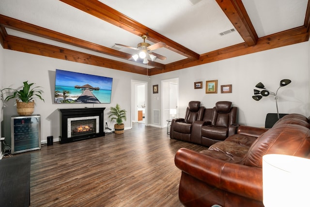 living room with beam ceiling, dark hardwood / wood-style flooring, ceiling fan, and beverage cooler