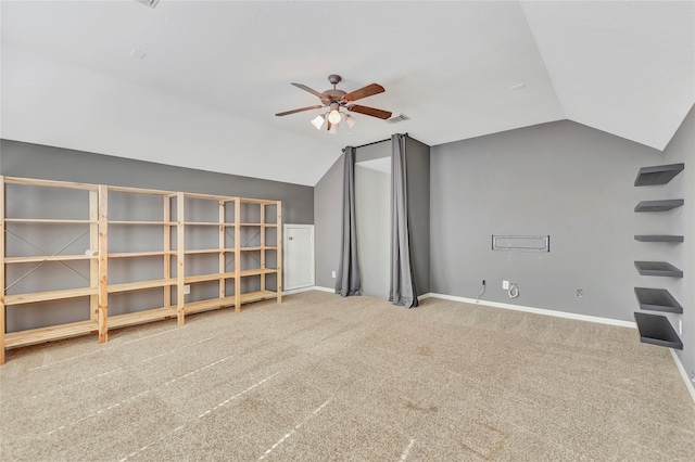 bonus room featuring ceiling fan, carpet flooring, and vaulted ceiling