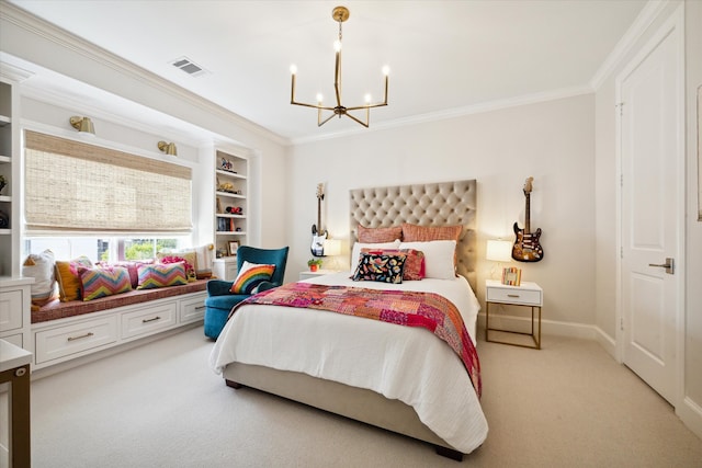 carpeted bedroom featuring a chandelier and crown molding