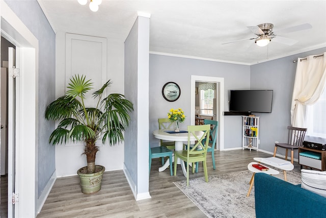 living room with ceiling fan, crown molding, and light hardwood / wood-style flooring