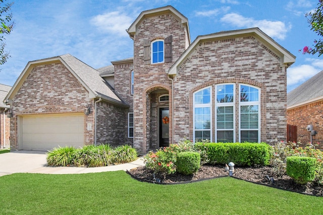 view of front of house with a front yard and a garage